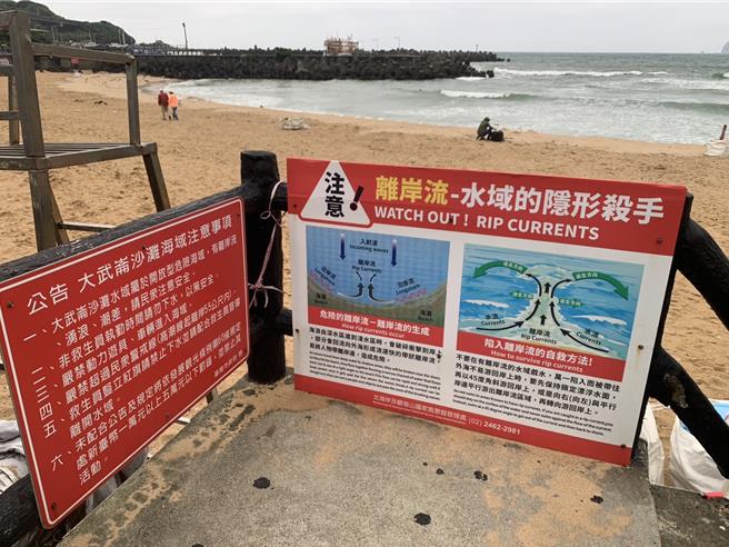 基隆市大武崙沙灘去年發生1日3死的重大意外，基市府與交通部後續均有設立相關告示，提醒民眾小心離岸流。（徐佑昇攝）