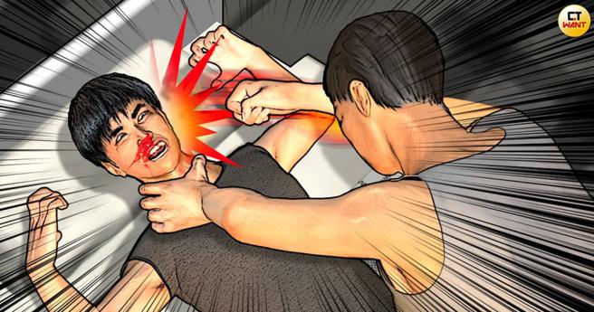 新北市某知名高中去年底发生校园暴力案件，二年级男学生在寝室遭室友爆打，当场鼻梁断裂、血流如注。（图／本刊绘图组）