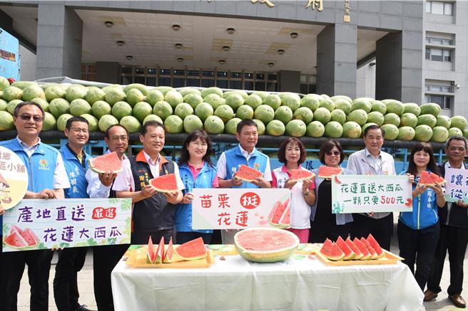 苗栗縣長鍾東錦等人共同行銷花蓮產出的西瓜。（苗栗縣政府提供／李京昇苗栗傳真）