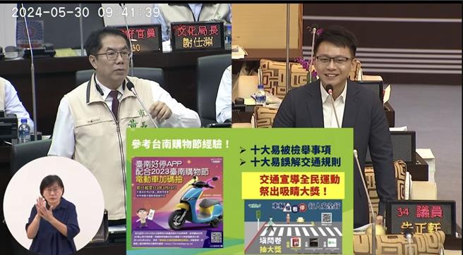 市議員朱正軒(右)要求交通局及市警局列出十大易肇事及十大易誤解交通規則，設計一份交通規則問卷，並參考台南購物節經驗，祭出大獎吸引民眾填答，將交通宣導變成全民運動。(摘自議會直播畫面／曹婷婷台南傳真)