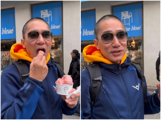 刘嘉玲曾分享梁朝伟街头吃冰的模样。（图／微博@刘嘉玲）