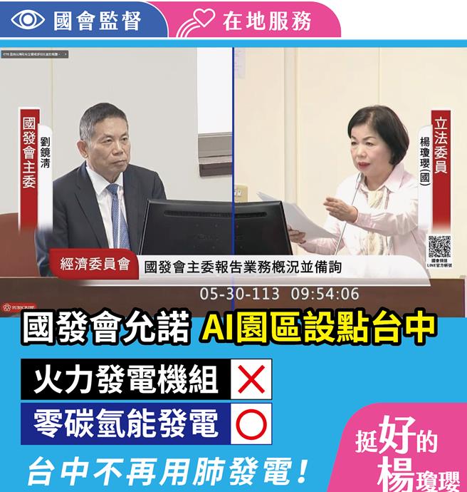 国民党立委杨琼璎30日质询，要求AI生态园区将台中纳入规划，不能再在台中增加火力发电机组，国发会主委刘镜清都表示同意。（杨琼璎提供）