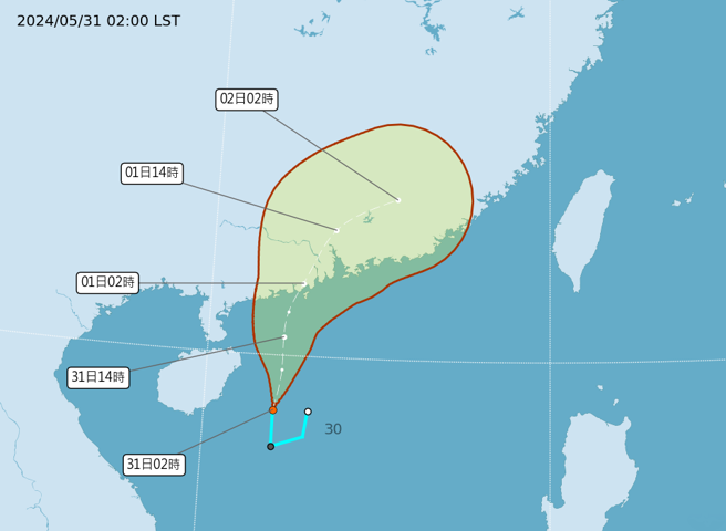 第2号颱风马力斯预估今天生成，明登陆广东后减弱为热带低压，将併入锋面系统，为台湾带来剧烈降雨。（中央气象署提供）