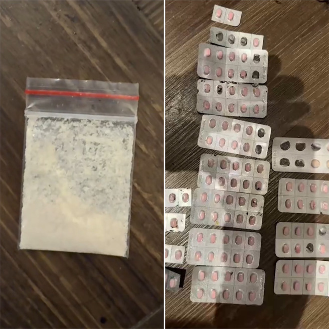 警方现场查扣毒品咖啡包4包、第四级毒品梅锭16锭、第四级毒品史蒂诺斯 112锭等证物。（图 / 刘咏韵翻摄）