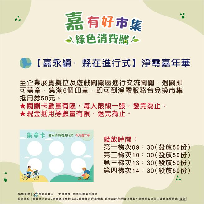 淨零闖關集滿6個章，即可兌換50元抵用券。（圖／嘉義縣環保局）