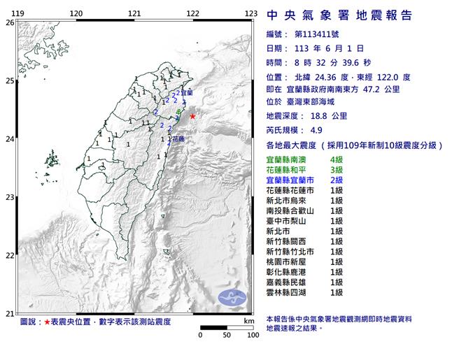 6月1日上午8时32分在台湾东部海域发生规模4.9地震。（中央气象署提供／蔡明亘台北传真）