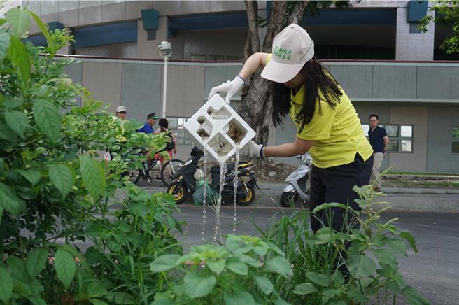 屏東縣環保局長顏幸苑將保麗龍盒內的積水倒掉。（羅琦文攝）