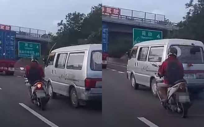 日前有骑士大摇大摆临停在国10槽化线「抽菸喝水」，没想到他1晓时候再闯国1鬼切，吓坏一旁的厢型车。（图／ 翻摄自「WoWtchout-地图型行车影像分享平台」）