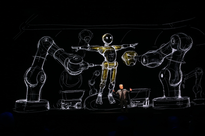 台北國際電腦展（COMPUTEX）於6月4日開幕，輝達執行長黃仁勳2日晚間7點在台大體育館以「開啟產業革命的全新時代」為題發表專題演講，並現場說明人工智慧生成的軟硬體對人們的幫助。（鄧博仁攝）