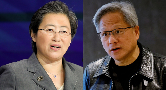 辉达执行长黄仁勋（图右）与超微执行长苏姿丰（图左）先后发表演讲。（图／美联社）