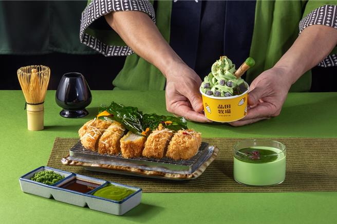 6月6日至8月底，品田牧场与一〇八抹茶茶廊打造「厚切腰内一〇八抹茶绿」套餐，售价418元。（王品集团提供／朱世凯台北传真）