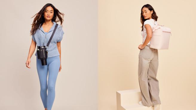 STANLEY Quencher 吸管隨手杯背帶消光黑色（左）、STANLEY 後背包山櫻粉色（右）預計7月起於快閃店開賣。.（STANLEY提供／古明弘台北傳真）