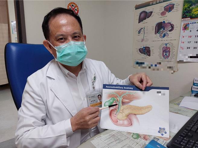 李斯凯医师指出，病人的胆管被阻塞，导致引起黄疸问题。（大千医院提供／李京升苗栗传真）