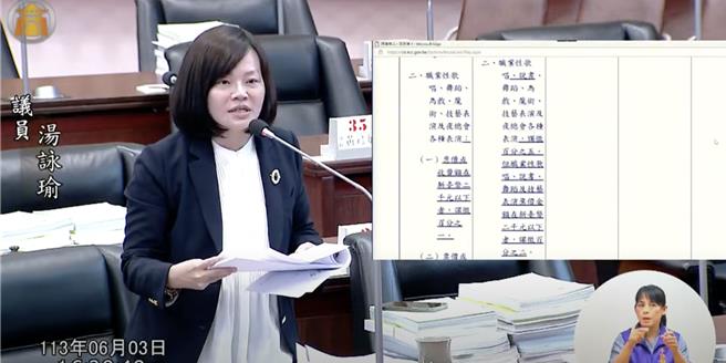 民进党高市议员汤咏瑜则赞同修法，她说明，每年场馆维修费都固定，且现阶段高雄持续打演唱会经济品牌，若能提供更多优惠措施，可望吸引更多团体使用。（柯宗纬翻摄）