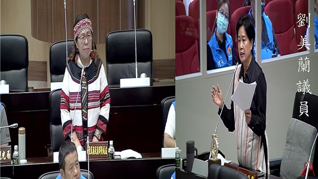 原民處長盧曉玲、縣議員劉美蘭身穿原民傳統服飾。（摘自苗栗縣議會直播／李京昇苗栗傳真）