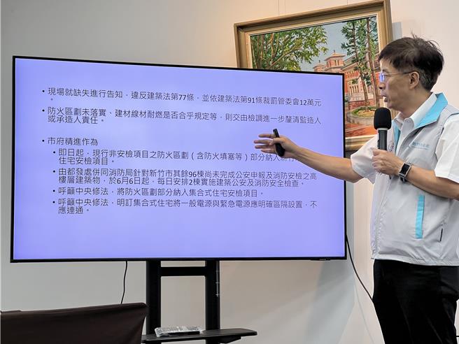 市府4日會同專家到晴空匯聯合稽查，發現電線過於密集等多項缺失，都發處副處長蘇文彬表示，現場就缺失進行告知，違反《建築法》第77條，並依91條裁罰管委會12萬元。（王惠慧）