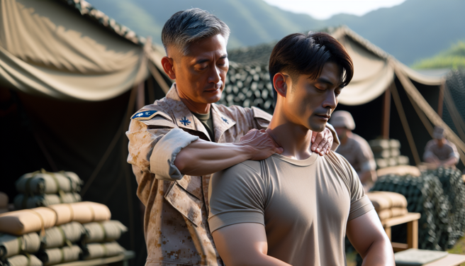 部队连长在他坐着写东西时对他按摩肩膀，即在中山室进行模拟学科测验时靠近阿德耳边呼气，让阿德感到不舒服，表达「觉得这样不太好、压力大。」（示意图、与本案无关／AI生成）