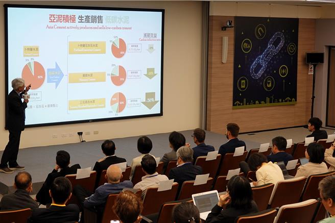 「欧盟碳边境调整机制（CBAM）台湾丹麦双向论坛」今在台北登场，亚泥是现场唯一受邀分享的水泥业者，花莲厂首席副厂长陈志贤(台上)演讲公司净零转型四策略。(亚泥提供)
