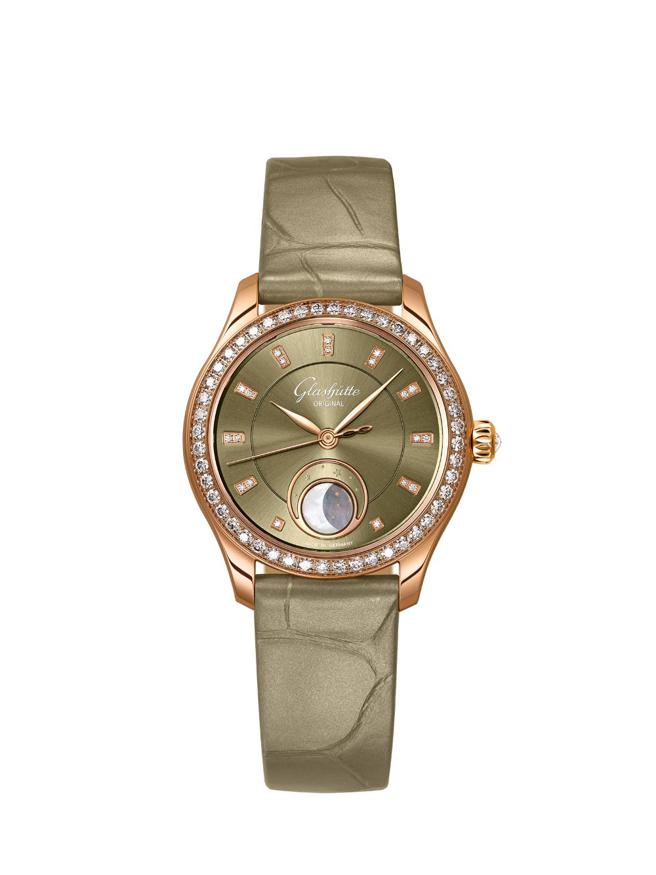 格拉蘇蒂原創推出Serenade Luna小夜曲月相女表，紅金鑲鑽款73萬4000元。（Glashuette Original提供）