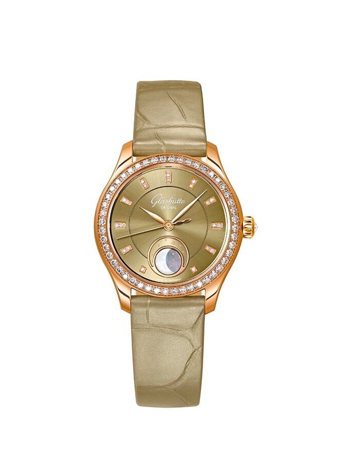 格拉蘇蒂原創推出Serenade Luna小夜曲月相女表，紅金鑲鑽款，73萬4000元。（Glashutte Original提供）