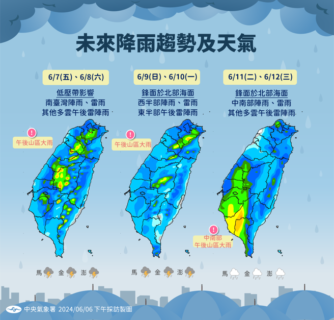 端午節過後西南風增強，降雨主要集中在中南部。（圖／氣象署）