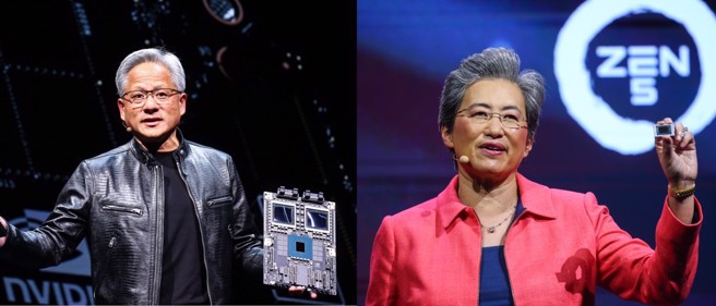 台北国际电脑展，辉达执行长黄仁勋（左）、超微AMD执行长苏姿丰（右）接连发表演讲。（合成图／资料照，邓博仁摄）