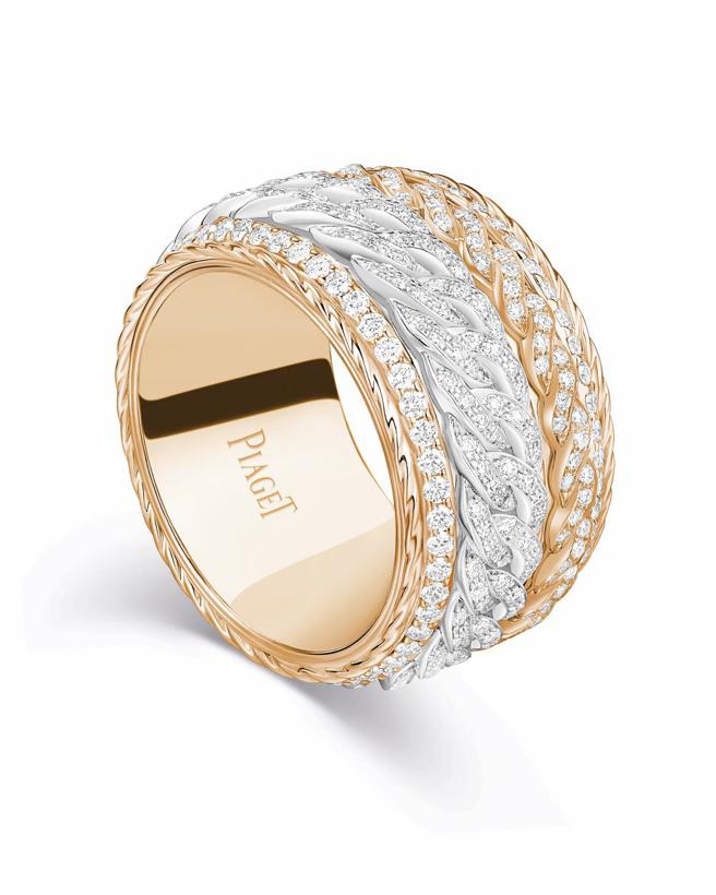 伯爵150周年Possession系列18K玫瑰金宽版马衔索炼钻石戒指，约112万元。（PIAGET提供）