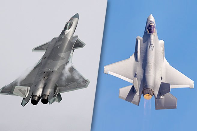中方殲-20（左）和美國F-35（右）隱形戰機的資料照。（中新社/ shutterstock/達志）
