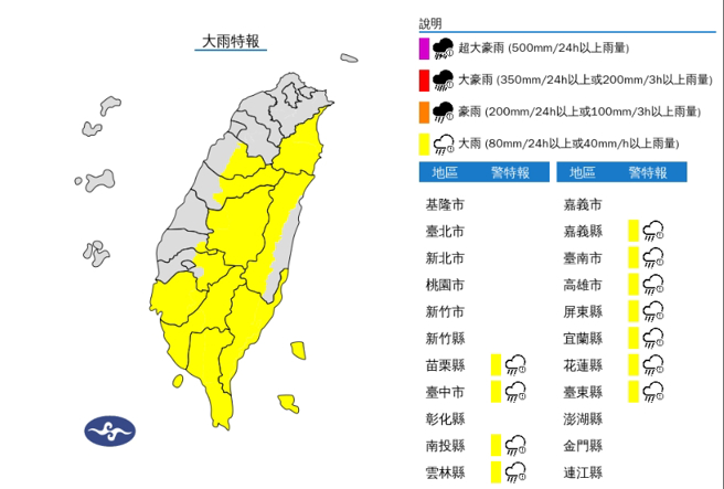 氣象署午後針對11縣市發布大雨特報。（中央氣象署提供）