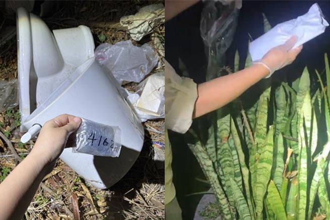 埋包手將毒品藏放在公園盆栽內或是廢棄馬桶中。（翻攝照片／洪靖宜高雄傳真）