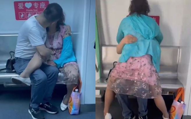 大陆某地铁的车厢内，有乘客发现对面的中年情侣竟在车厢内热吻，甚至女伴还扑到男伴的身上。（图／翻摄自爆废1公社）