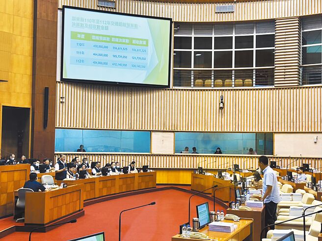 屏東縣議會6日開議，縣議員曾義雄、許展維、陳揚皆針對警察局交通罰鍰預算連3年超收上億元一事進行質詢。（謝佳潾攝）