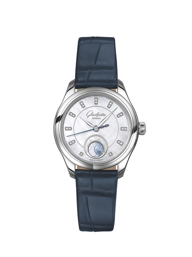 格拉苏蒂原创推出Serenade Luna小夜曲月相女表，精钢款皮革表带35万元。（Glashuette Original提供）