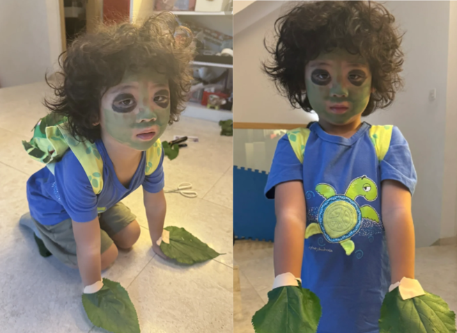 蔡少芬儿子打扮成小海龟的模样超萌。（图/翻摄自蔡少芬小红书）