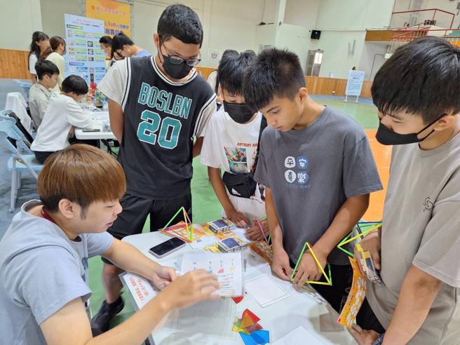 「Fun手x Fun心學數學計畫」成果展園遊會，由種子教師引領教學，促進師生交流。（圖片來源：高雄市教育局提供）