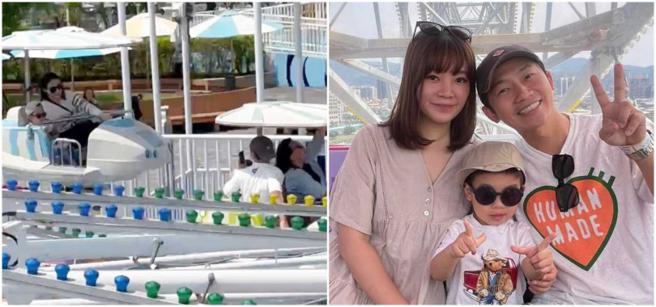 小菜包對遊樂設施非常好奇，開心到連坐兩次，蔡昌憲忙著轉過頭用手機幫兒子錄影，父愛表露無遺。（圖／讀者提供／翻攝蔡昌憲臉書）