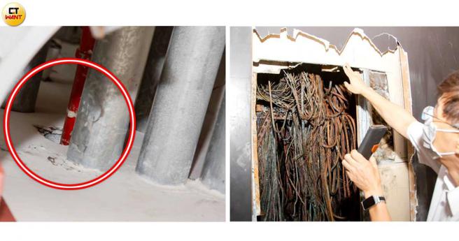 小火引发成大灾难，电箱里布满密密麻麻的线路易过热短路，以及建筑物未落实防火区划和防火填塞(右图)等都被检讨。（图／新竹市消防局提供）