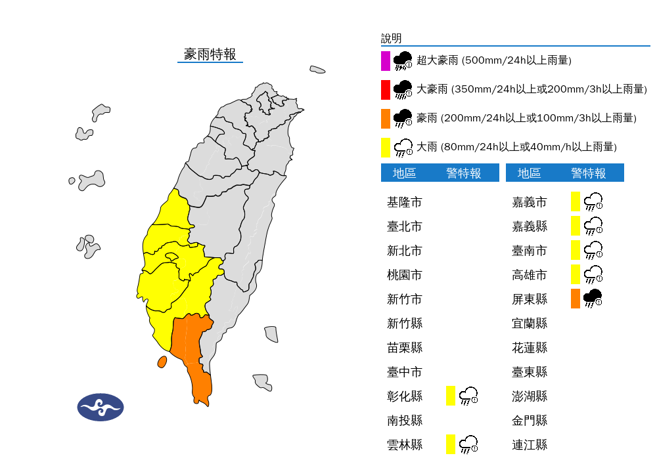 氣象署發布南部7縣市大雨特報。（氣象署）