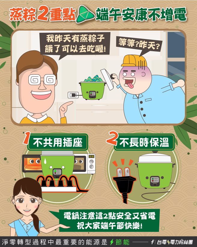 台电教用电锅蒸粽子如何省电。（翻摄自台电电力粉丝团FB）