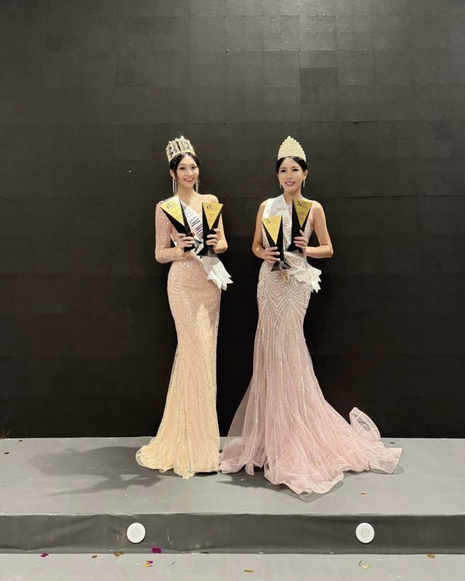 台湾女孩高曼容(左)代表台湾参加Miss Glam World国际选美大赛。（图／高曼容 脸书）