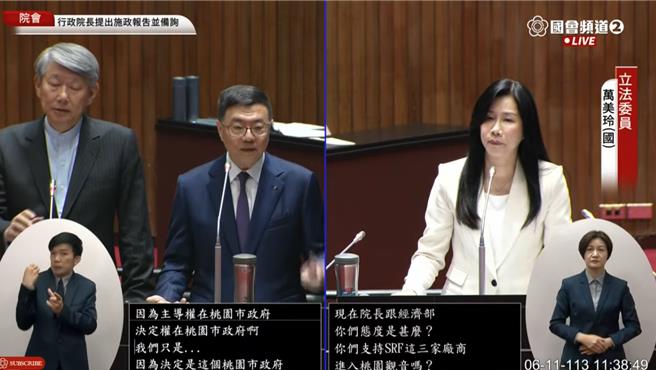 國民黨立委萬美玲（右）質詢經濟部長郭智輝（左）與行政院長卓榮泰（右）。（國會頻道）