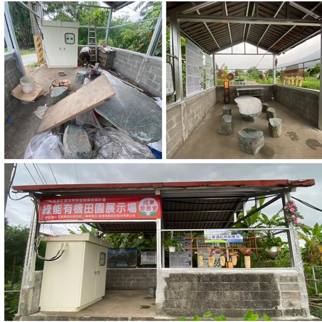 花蓮縣吉安鄉南華社區4年前在農田水圳老舊涼亭內建置「微水力示範機組」，考量涼亭梁柱鏽蝕，機組也沒有護欄，恐危及用電安全，村民為此合力發揮技能修補涼亭並打造成防災緊急充電站。（南華社區發展協會提供／羅亦晽花蓮傳真）