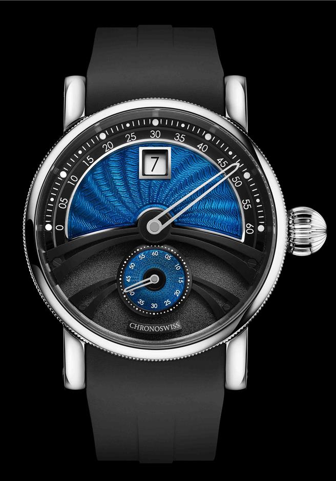 Chronoswiss瑞寶德爾菲天行者Delphis Horizon，正面可以看到細膩的機刻雕花與大明火琺瑯工藝，限量50只，售價78萬5000元。（瑞寶提供／黃唯淯台北傳真）