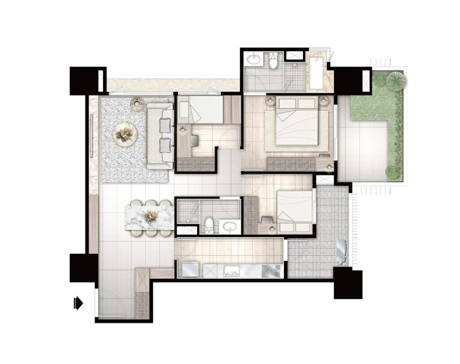 主卧稀有渡假大阳台设计，隔绝外部喧嚣，享受隐私静谧生活。(图/业者提供)