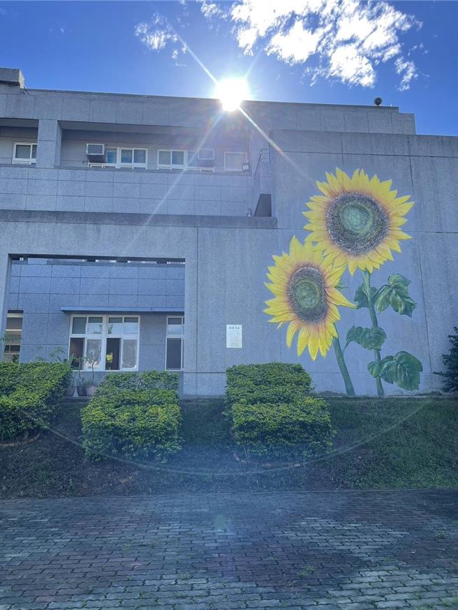 校方指出，巨型彩绘向日葵浮雕，除勉励学子们乐观进取的精神，也意外成为当地打卡景点。（新社国小提供／张妍溱台中传真）
