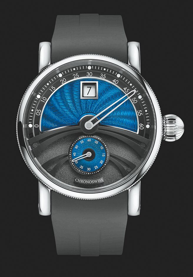 Chronoswiss瑞宝德尔菲天行者Delphis Horizon，正面可以看到细腻的机刻雕花与大明火珐琅工艺，限量50只，售价78万5000元。（瑞宝提供）