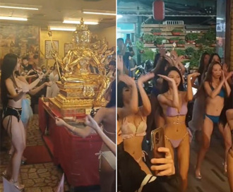 晕船了！50名比基尼辣妹现「乳海」 环绕三重四面佛跳舞还愿