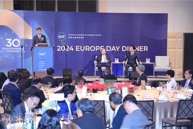 欧洲在台商务协会昨在台北举办欧洲日晚宴，现场来宾冠盖云集。（台中市府提供）