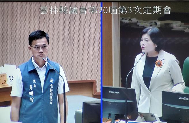 云林县长张丽善（右）今（14日）答覆县议员李明哲（左）质询表示，既然有人做这样的示范，云林县如果不效仿也真的是太笨了，真的太牺牲农民的权益。（周丽兰摄）