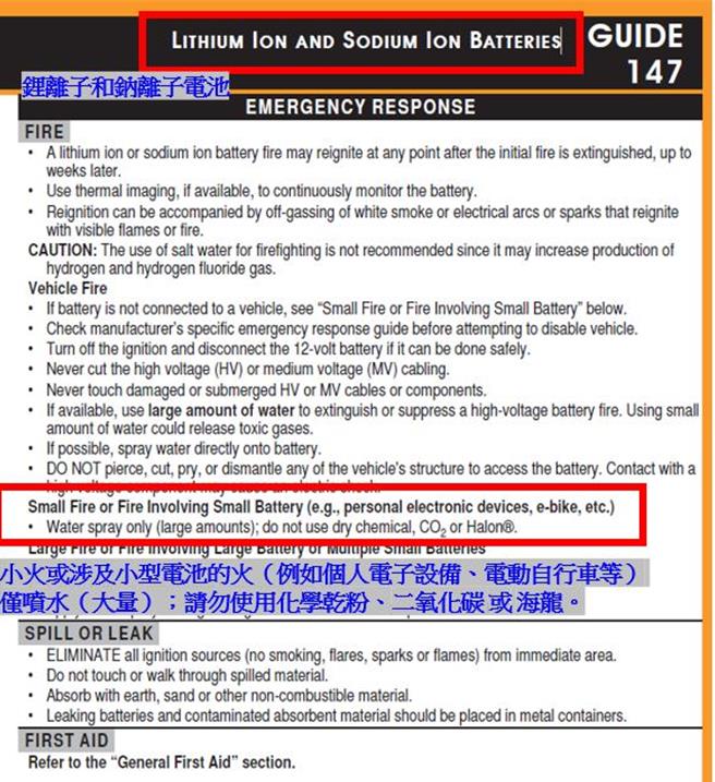 美国交通部管道与危险物质安全管理局（PHMSA），发布2024版《紧急应变指南》ERG。指南内容包含锂电池货物内容部分，增加了锂电池、钠离子电池和电动车火灾的紧急项目。（取自黄奕豪脸书）